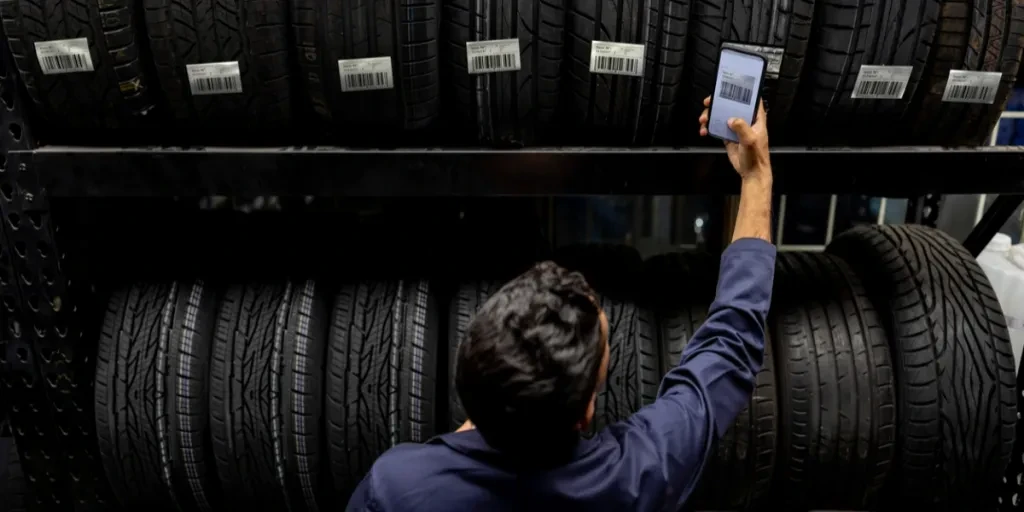 Man scanning UPCs on tires at a garage shop