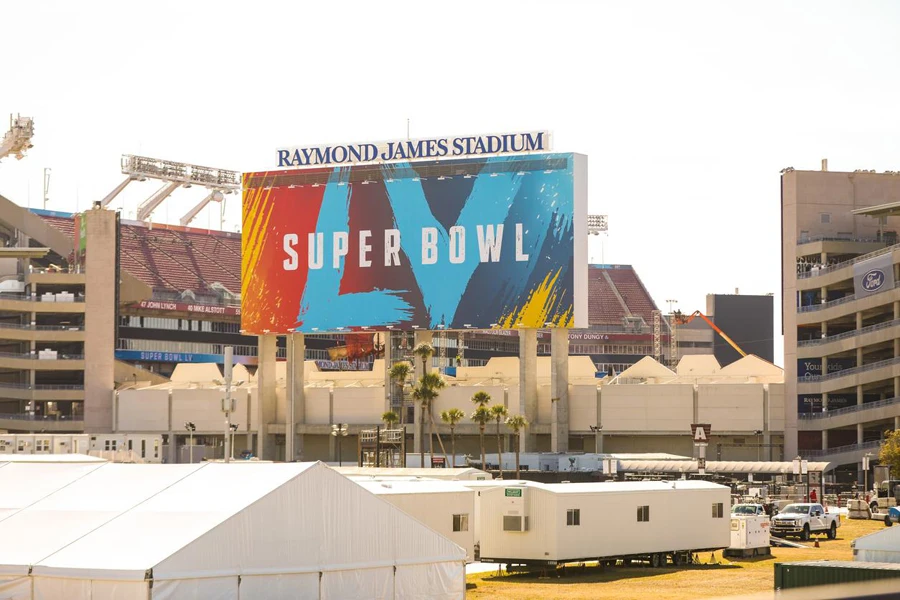 Outside the stadium of Super Bowl LV at the Raymond James Stadium in Tampa, Florida, January 21, 2021