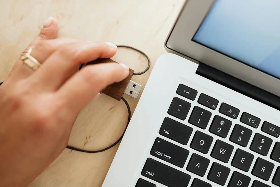 Person's Hand Inserting Wooden USB Flash Drive in a Silver Laptop Computer