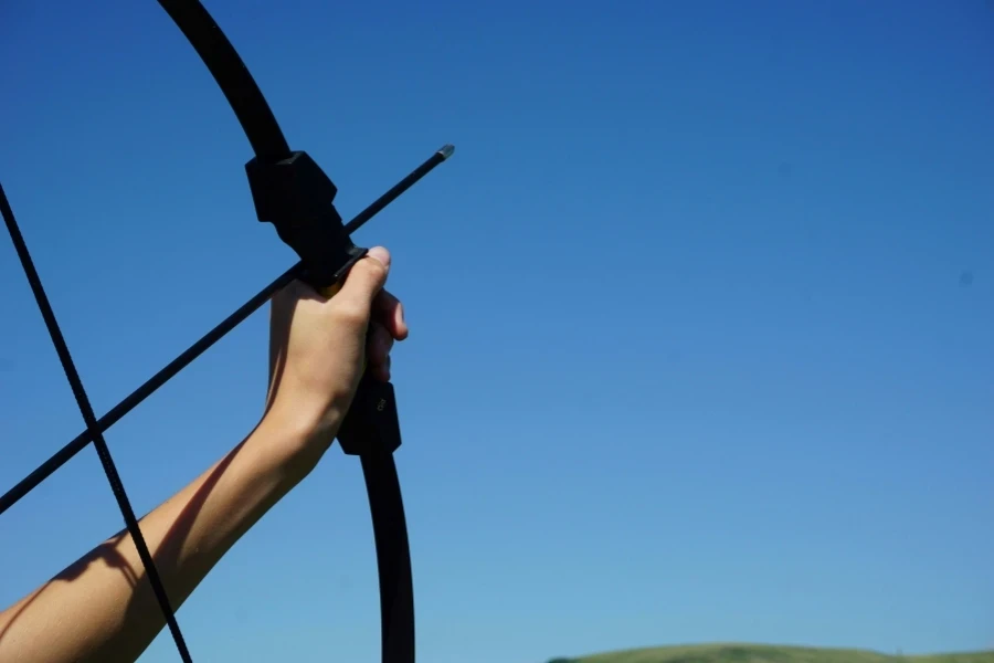 a hand holding a bow and arrow in front of a blue sky