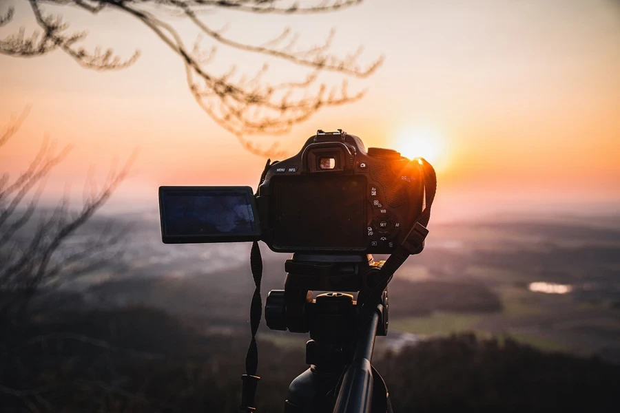 zonsondergang, camera, landschap