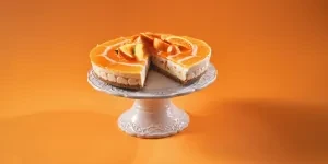 Creamy orange cheesecake on a cakestand