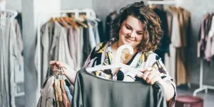Plus Size Woman Choose Fashioned Dress in Store