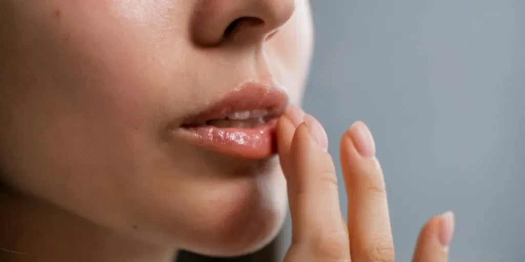 Wanita mengoleskan produk perawatan bibir ke bibirnya