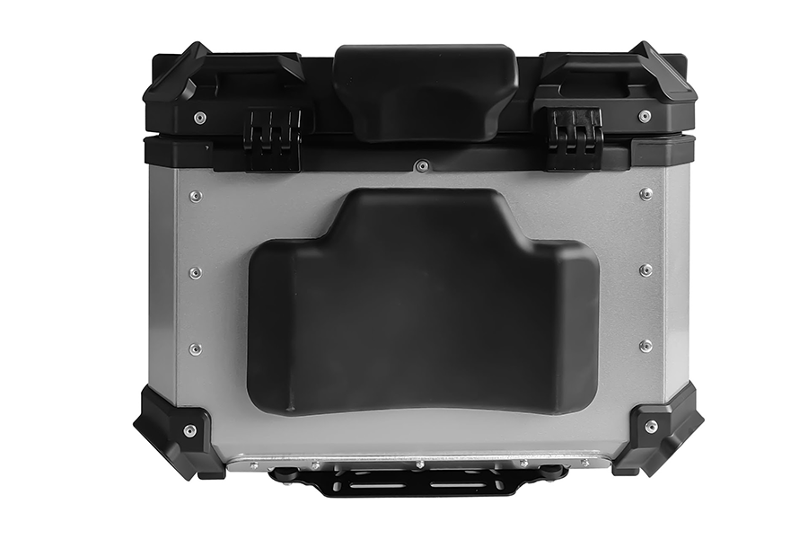 Boîte de rangement moto argentée avec dossier