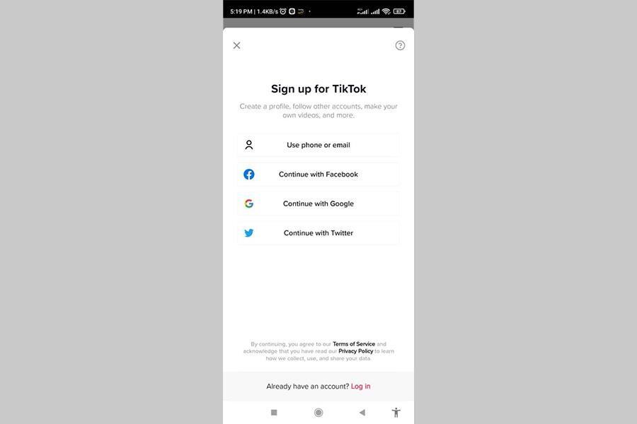 Screenshot showing the sign up process