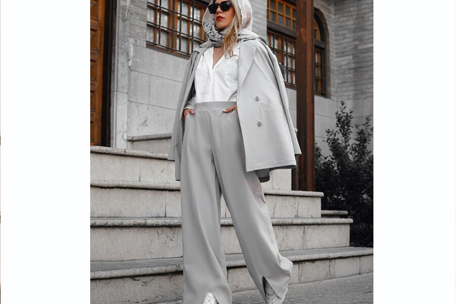 Gray wide leg pant with split hem