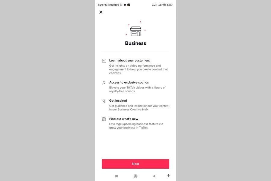 Screenshot of TikTok business page perks