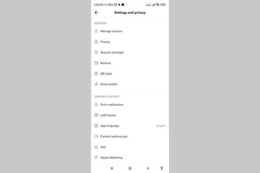 Screenshot showing the “settings and privacy” page