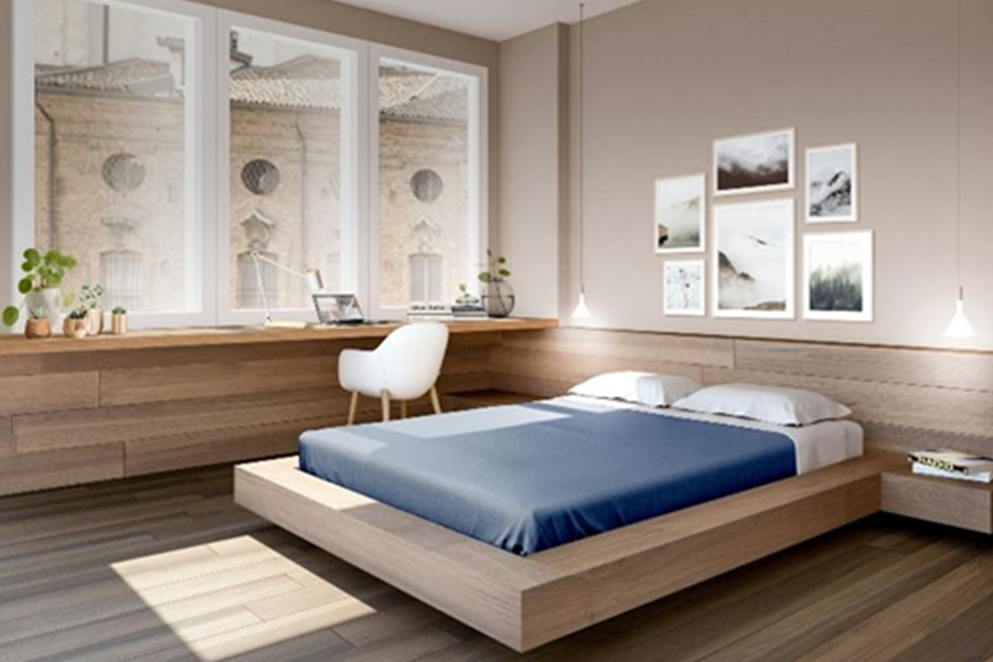 Cama flotante de madera con mesa auxiliar incorporada