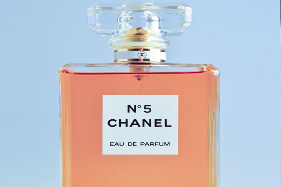 A Chanel perfume in a glass bottle