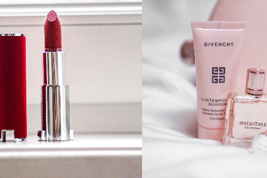 Красная помада и набор косметических средств