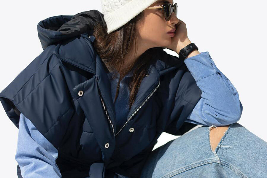 Lady rocking a blue modular puffer jacket