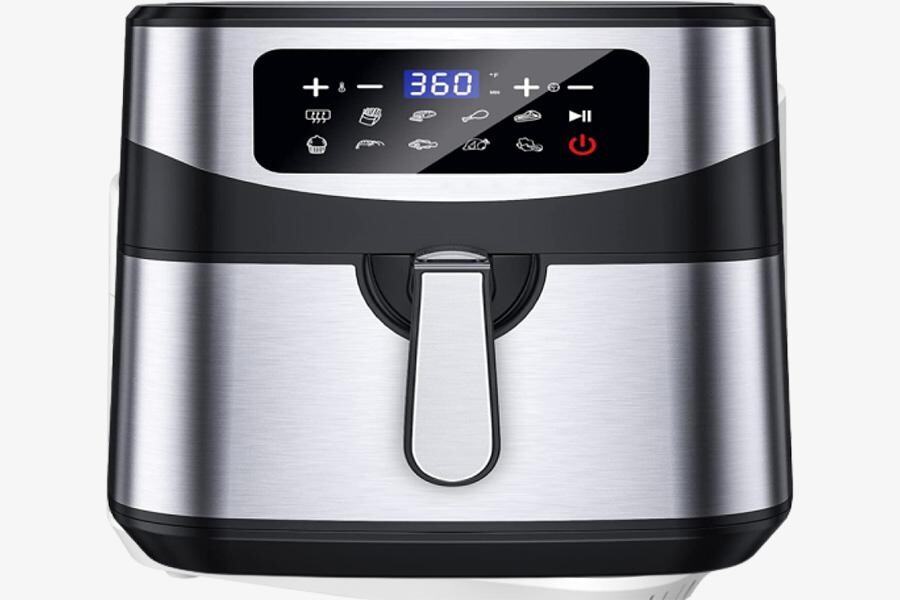 Silver and black air fryer with digital controls