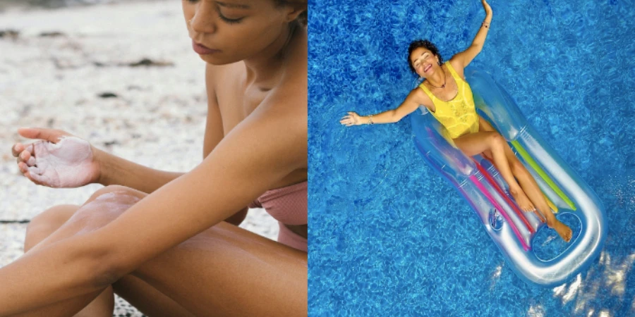 A woman applying sunscreen woman relaxing