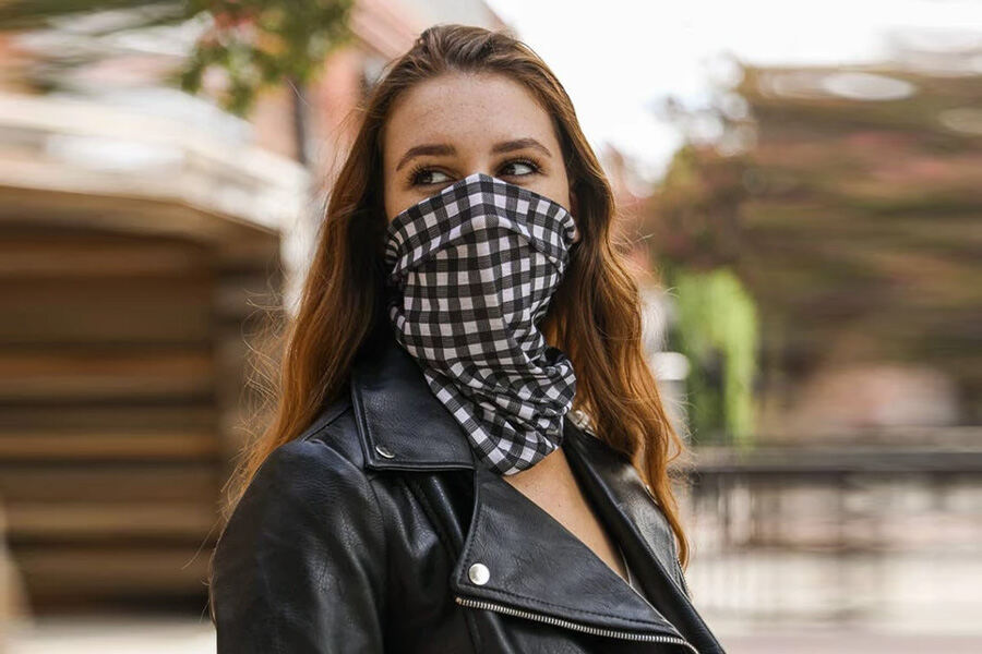 Woman wearing checkered ski mask