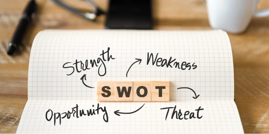 Specially written in notebook on wooden table background, focusing on wooden blocks with letters for SWOT analysis text