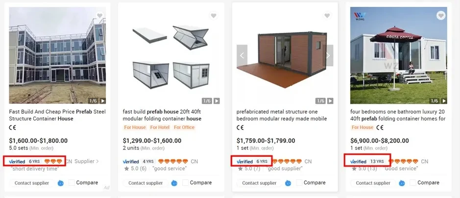 Página de resultados de búsqueda en Alibaba.com que muestra proveedores verificados