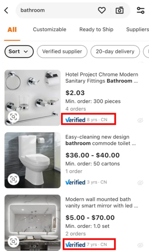 Search result page on Alibaba.com displaying Verified Suppliers