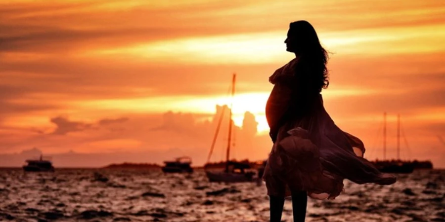 A pregnant woman posing against the setting sun