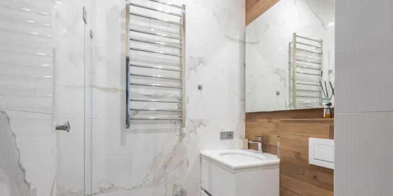 A heated towel rail installed in a bathroom