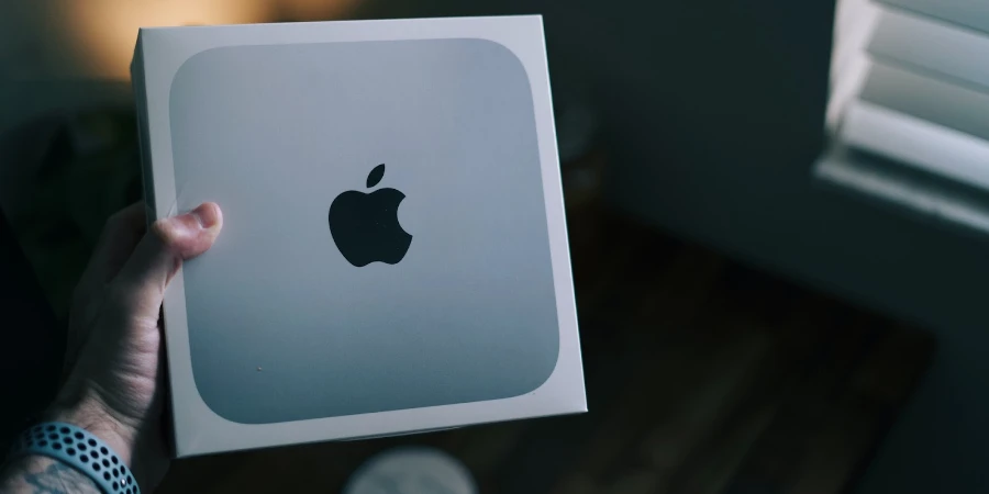 A man holding an apple mini mac