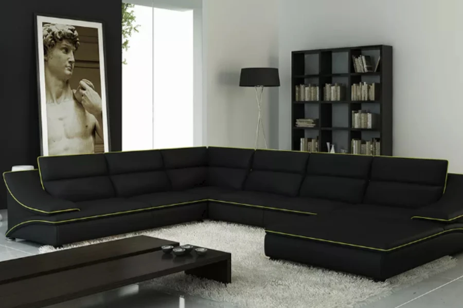 Sofa Chesterfield berbentuk L berwarna hitam dan putih