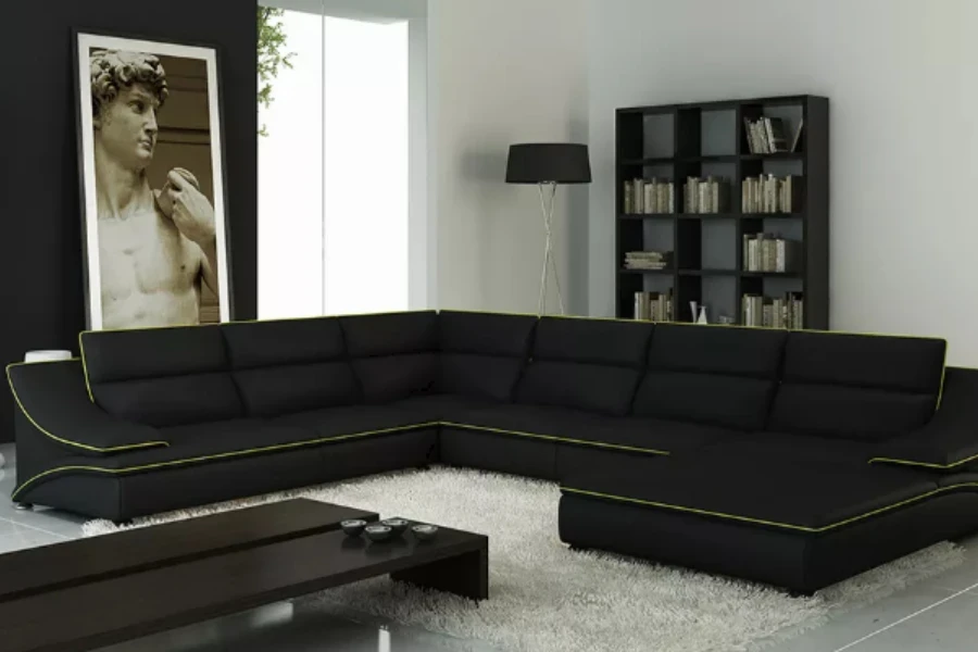 Sofá Chesterfield preto e branco em forma de L