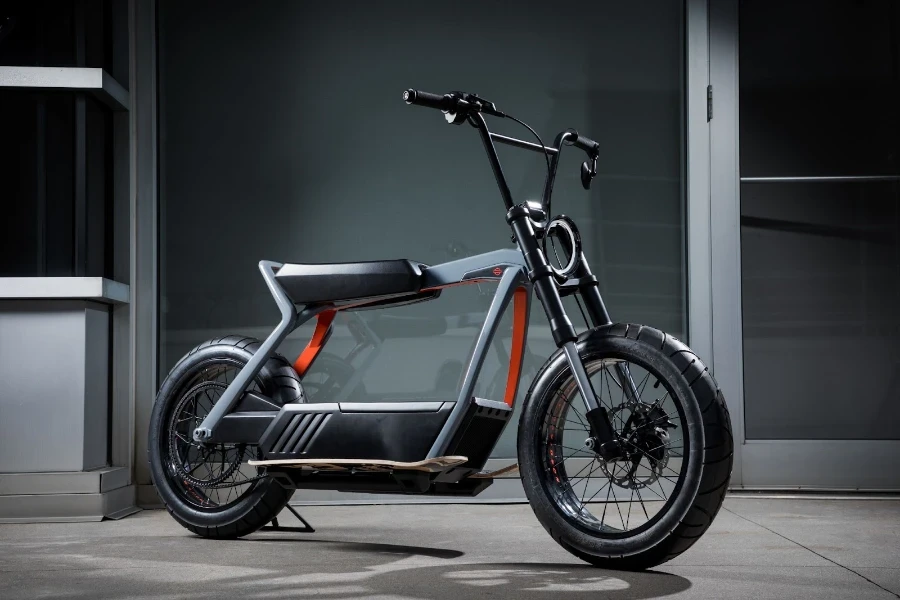 Black electric motorcycle in a showroom