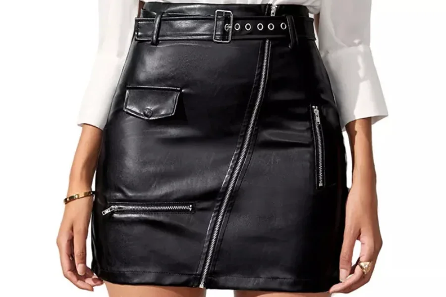 Black leather belt skirt with silver buckles and zipper
