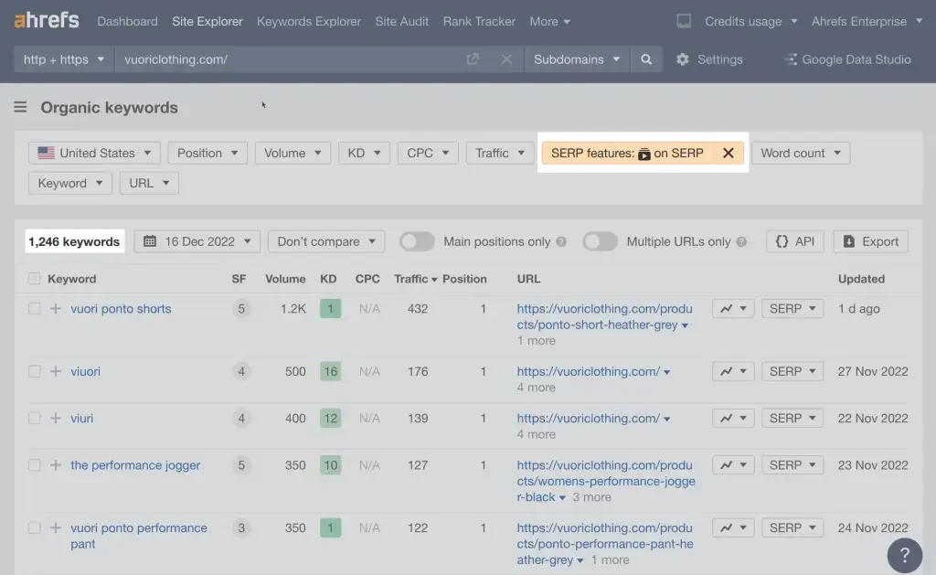 Filtering for organic keywords that trigger video results in Ahrefs' Site Explorer