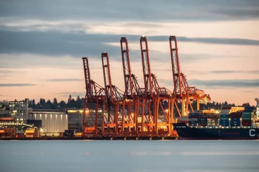 Long shot of port during sunset
