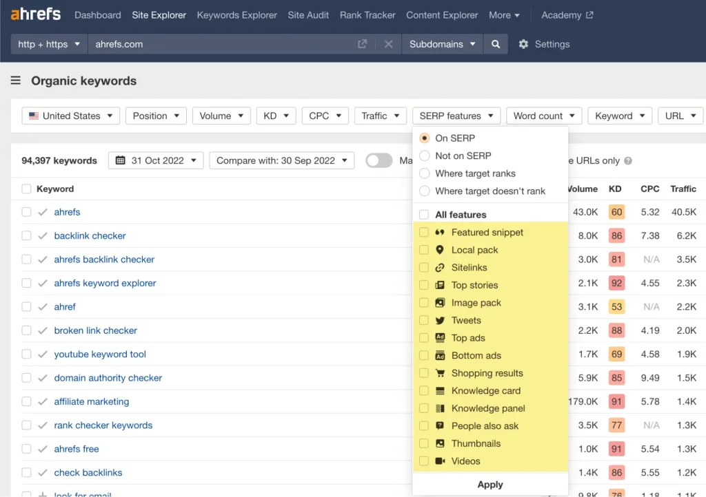 SERP features dropdown
