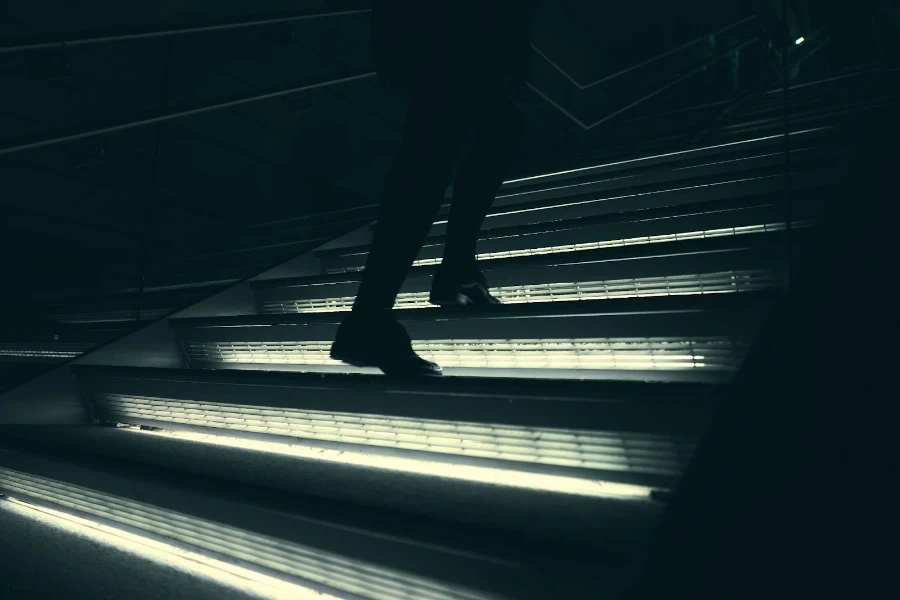 Stairs illuminated by strip lights