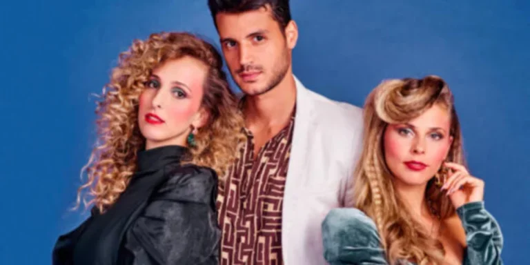 Three people dressed in 80s style