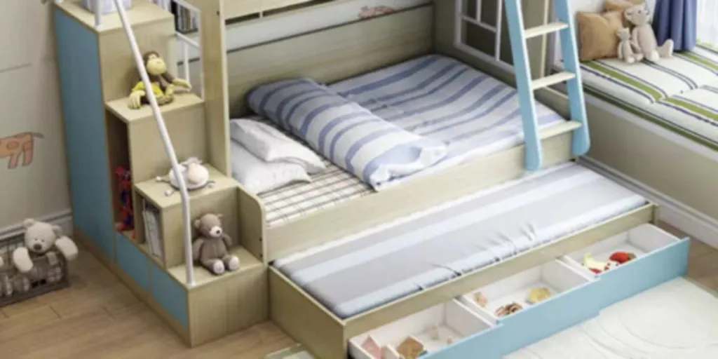 wooden kid’s bunk bed with storage
