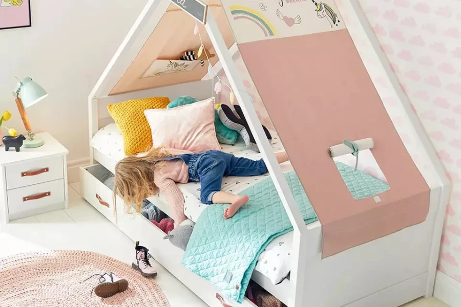  Cama tipo tipi de metal para niños pequeños, marco de