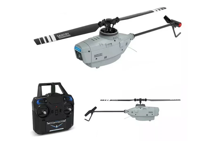 um drone de helicóptero de rotor único em um fundo branco