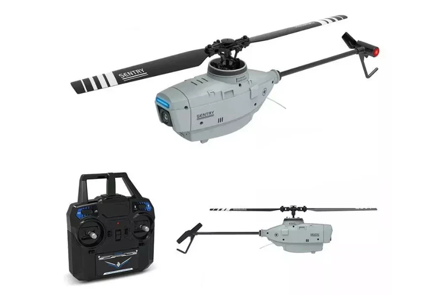 a single-rotor helicopter drone on a white background