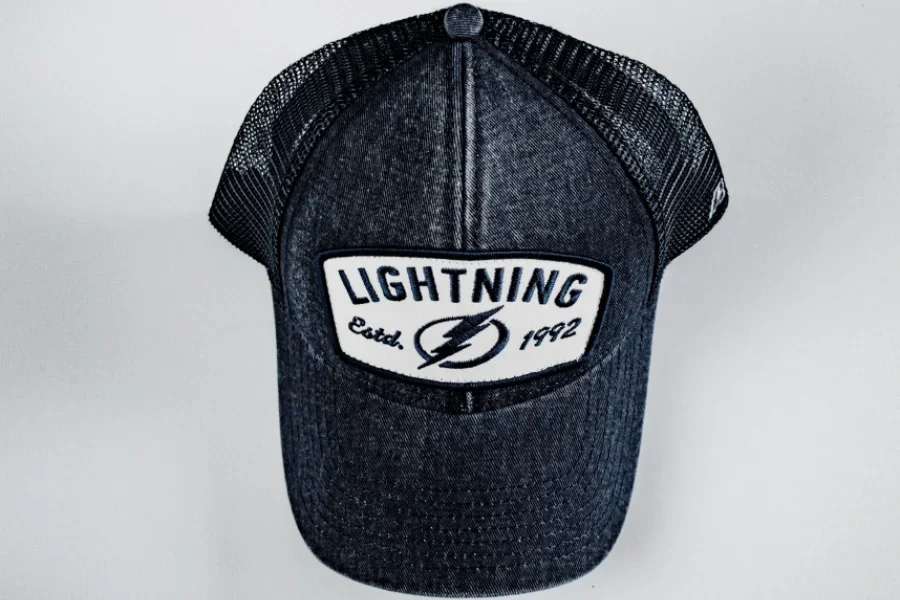Black distressed denim baseball cap with mesh back