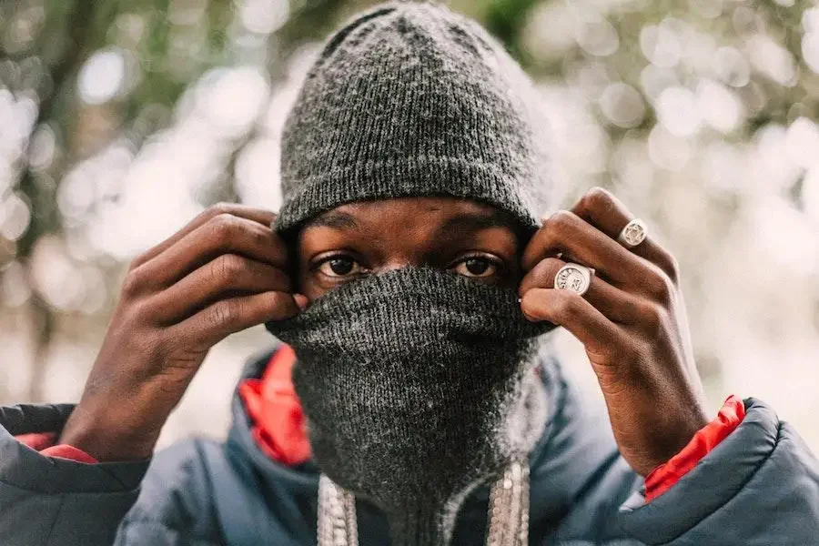 Man wearing a gray wool balaclava