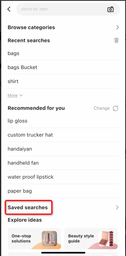 saved searches in the search aid menu