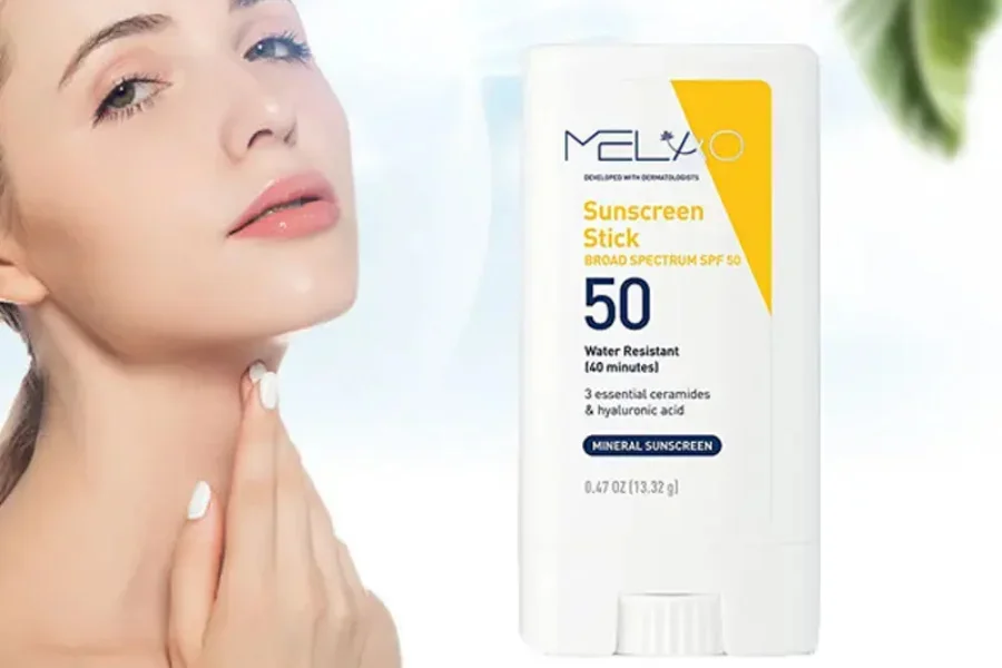 Woman beside a sunscreen stick
