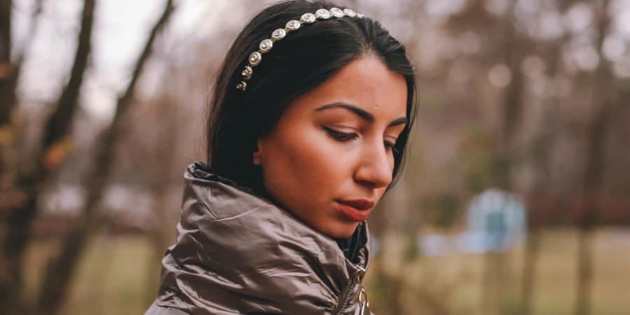Woman wearing crystal headband hair accessory