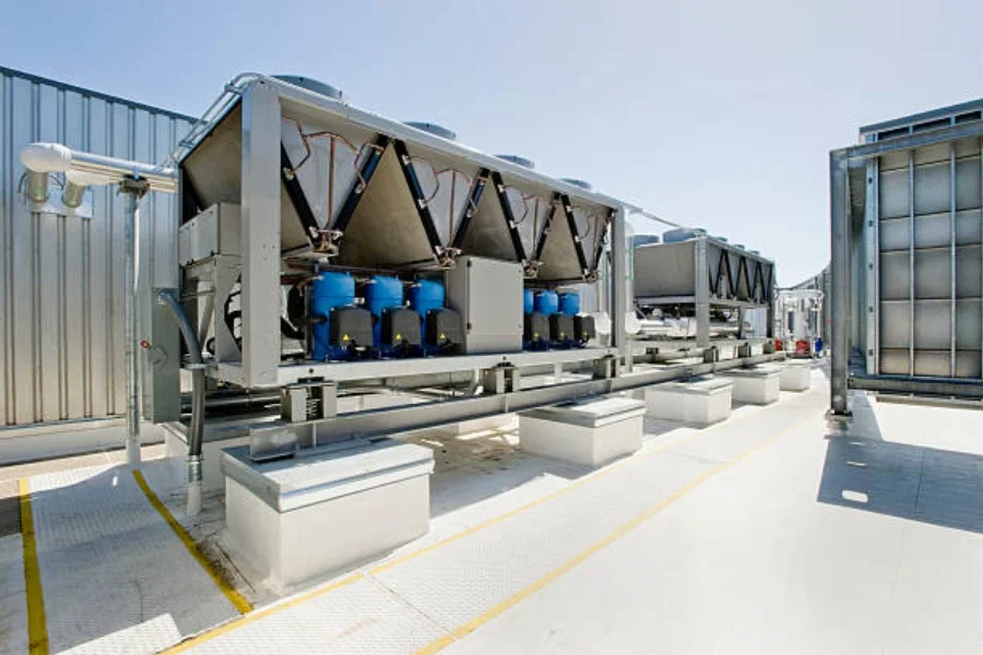 A cooling unit with chillers and compressors