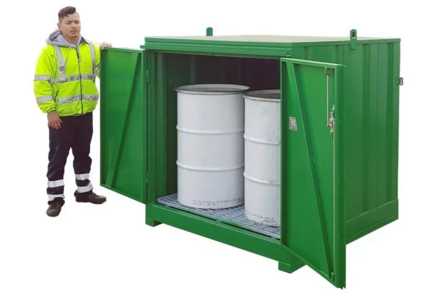 A drum storage cabinet holding two drums