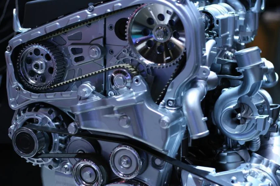 A timing belt on a silver chrome engine