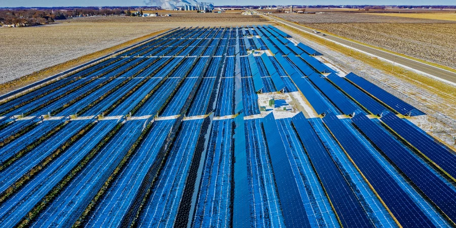 Aerial photography of blue solar panels