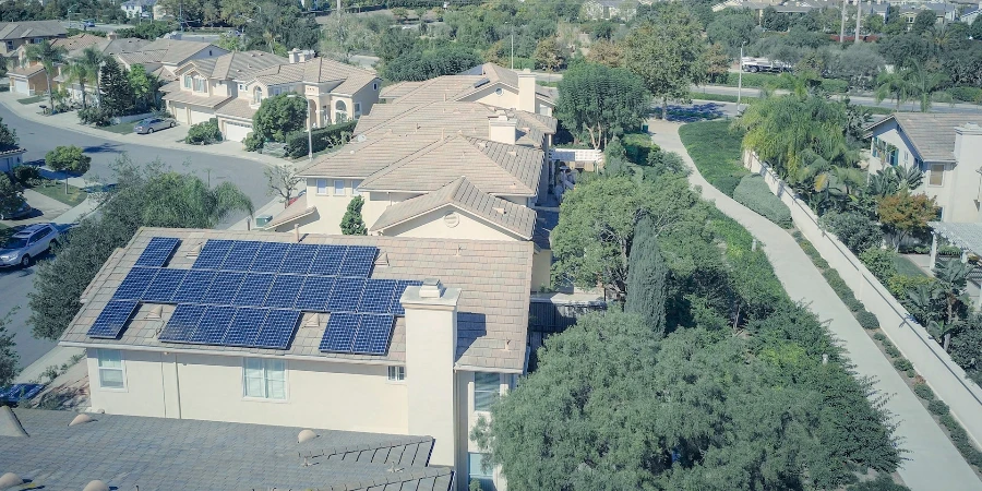 Aerial shot of house with solar panel