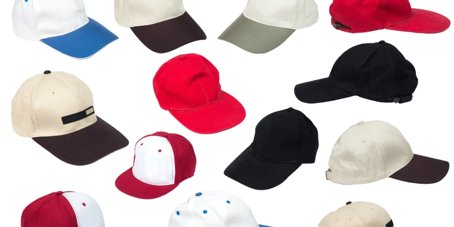 Different styles of baseball caps with a white background
